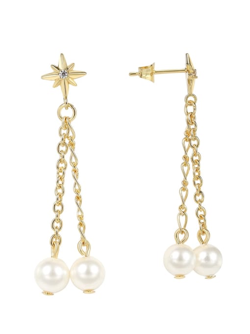 Gold six pointed star Pearl Earrings Brass Imitation Pearl Tassel Minimalist Threader Earring