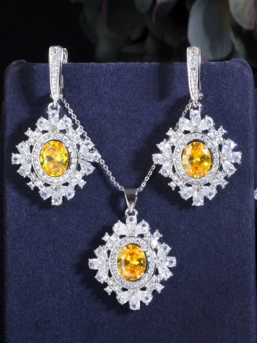 Yellow 9 three piece set Copper Cubic Zirconia Luxury Geometric Earring Ring and Necklace Set