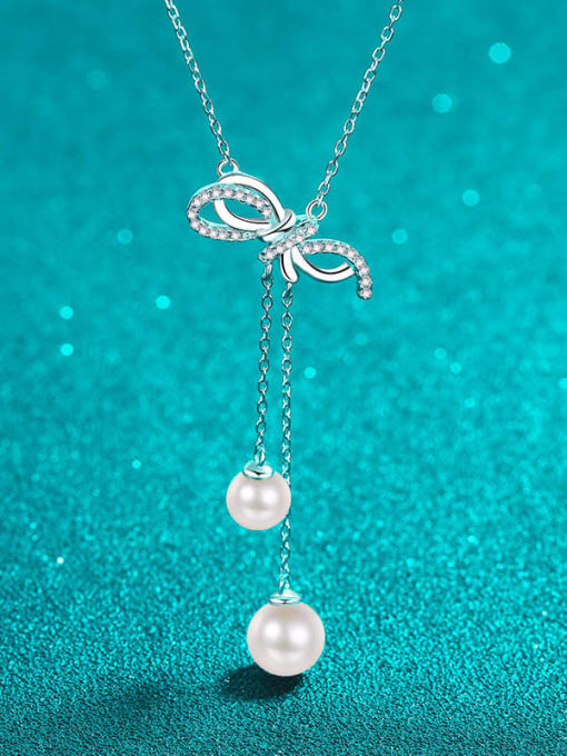 0.157 Moissanite 6--8mm pearl 925 Sterling Silver Moissanite Bowknot Dainty Tassel Necklace
