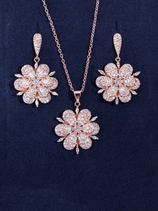 L.WIN Brass Cubic Zirconia Dainty Flower  Earring and Necklace Set 1