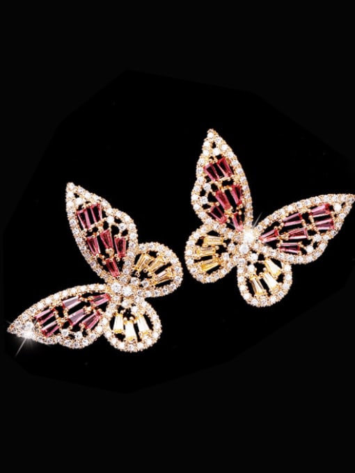 Golden Rose Red Diamond Brass Cubic Zirconia Butterfly Statement Stud Earring