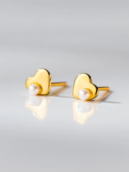 gold 925 Sterling Silver Imitation Pearl Heart Minimalist Stud Earring