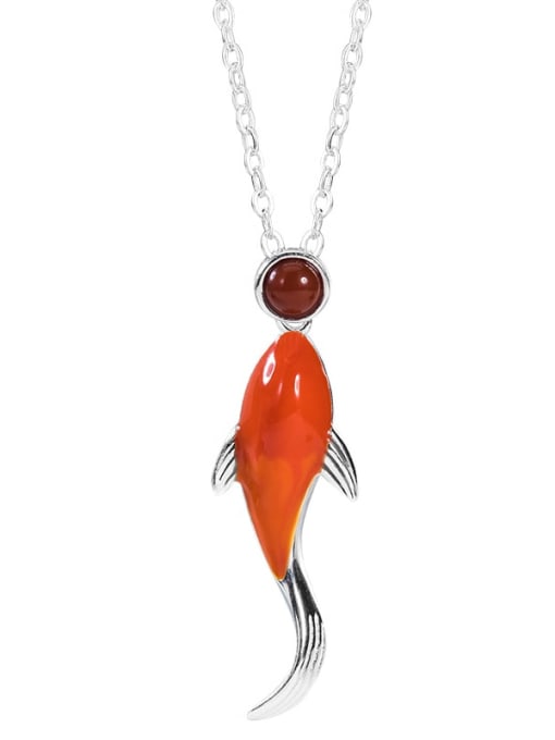 SILVER MI 925 Sterling Silver Carnelian  Minimalist Fish Pendant Necklace 3