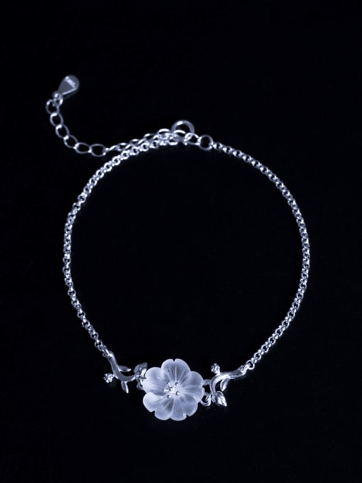 SILVER MI 925 Sterling Silver Jade Flower Vintage Link Bracelet 0