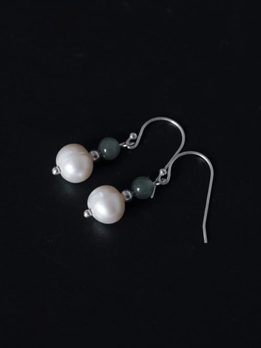 SILVER MI 925 Sterling Silver Jade Bead Vintage Hook Earring 1