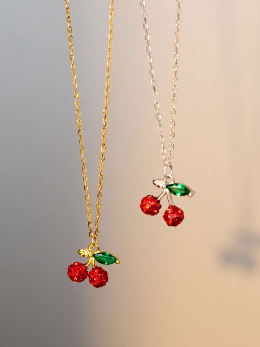Rosh 925 Sterling Silver Rhinestone Friut Cute Cherry  Pendant Necklace