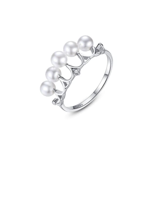 CCUI 925 Sterling Silver Imitation Pearl White Crown Minimalist Band Ring 0