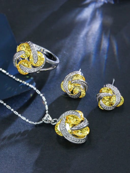 Yellow Ring US 8 Brass Cubic Zirconia Luxury Flower  Earring and Necklace Set