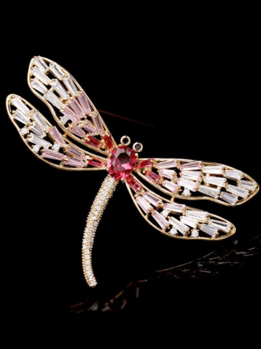 Gold +Pink Brass Cubic Zirconia Dragonfly Trend Brooch