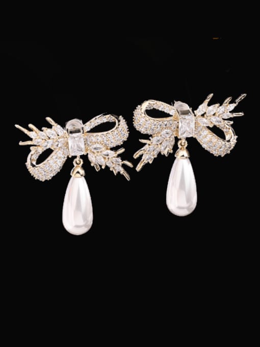 Golden white zirconium Brass Cubic Zirconia Bowknot Vintage Cluster Earring