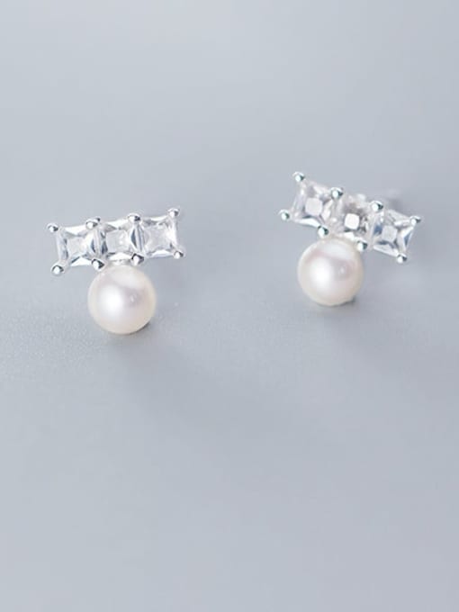Rosh 925 Sterling Silver Imitation Pearl White Bowknot Minimalist Stud Earring