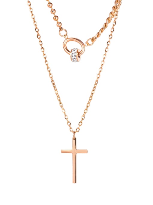 1862 rose plated steel necklace Titanium Steel Rhinestone Cross Minimalist Multi Strand Necklace