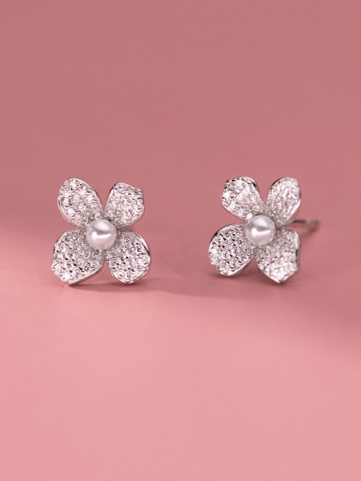 silver 925 Sterling Silver Cubic Zirconia Flower Minimalist Huggie Earring