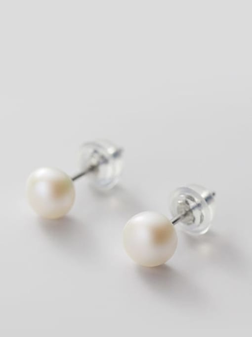White Pearl Earrings Silver 7- 8mm 925 Sterling Silver Freshwater Pearl  Round Minimalist Stud Earring