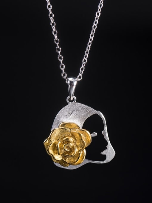 Rose Girl Necklace 925 Sterling Silver Flower Vintage Necklace