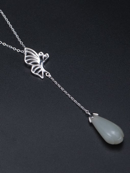 SILVER MI 925 Sterling Silver Jade Butterfly Tassel Vintage Necklace 1
