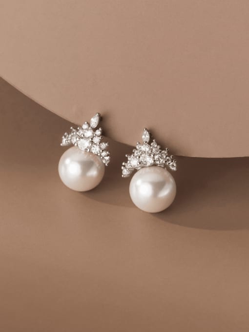 Rosh 925 Sterling Silver Imitation Pearl Crown Minimalist Stud Earring 0