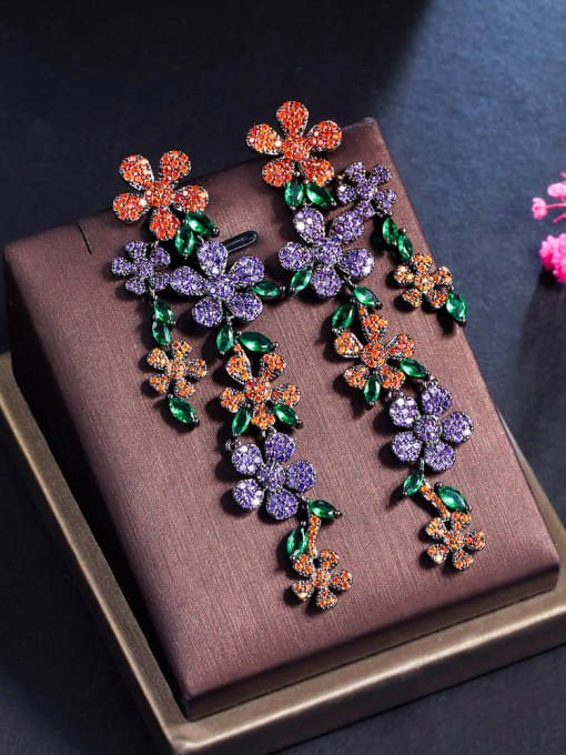 black Brass Cubic Zirconia Multi Color Flower Vintage Cluster Earring