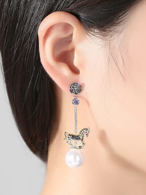 BLING SU Copper Imitation Pearl Horse Vintage Drop Earring 2
