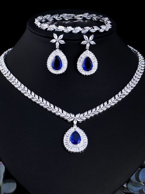 Four piece suit Brass Cubic Zirconia Luxury Water Drop  Earring Ring and Necklace Set