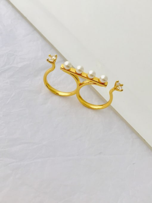 LI MUMU Copper Imitation Pearl White Round Minimalist Stackable Ring