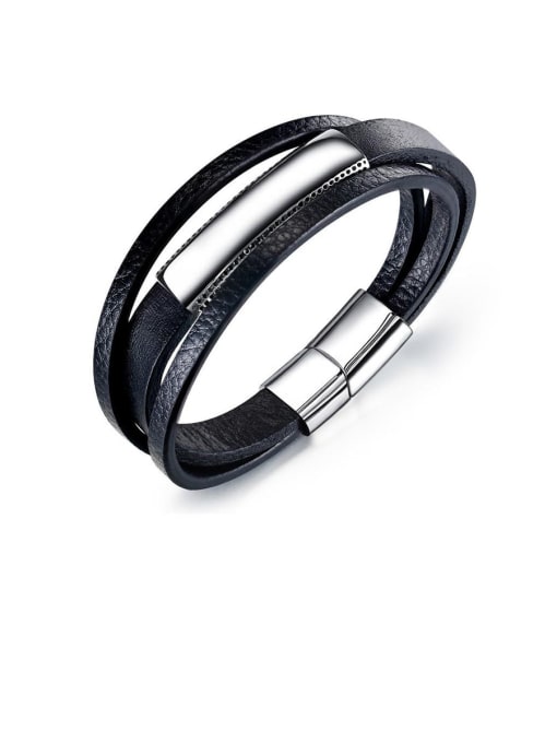 Open Sky Titanium Black Leather Geometric Minimalist Bracelets