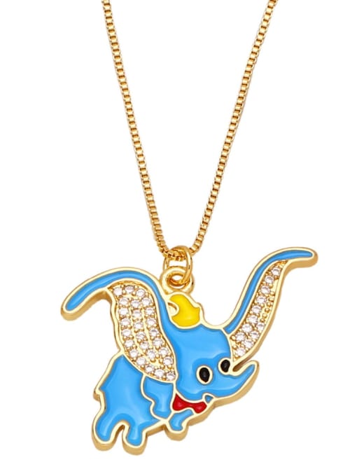 blue Brass Cubic Zirconia Enamel Icon  Elephant Vintage Necklace