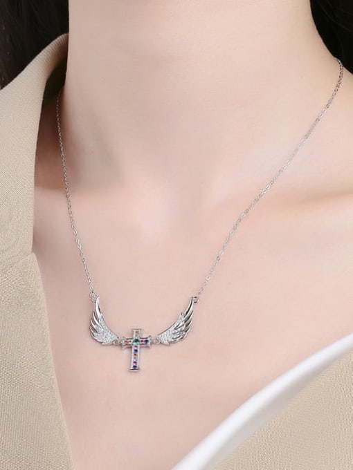 KDP-Silver 925 Sterling Silver Cubic Zirconia Wing Cross Vintage Necklace 1