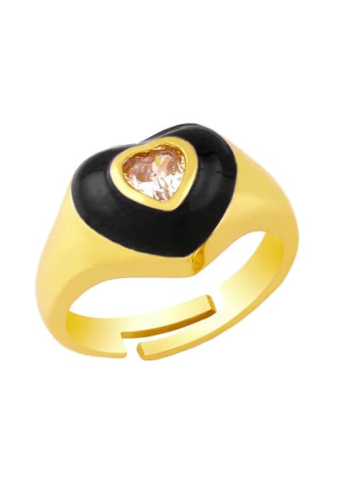 black Brass Enamel Cubic Zirconia Heart Hip Hop Band Ring