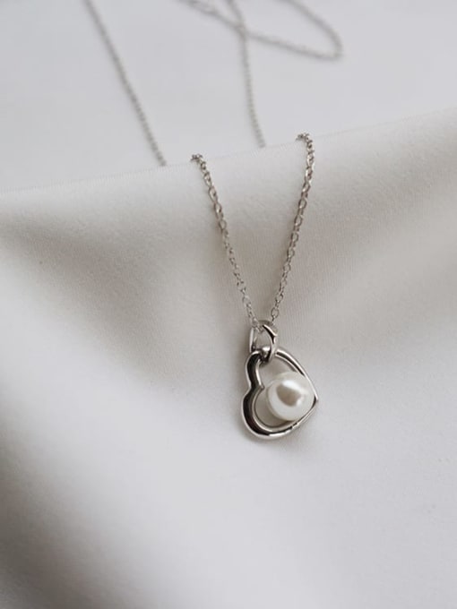 Boomer Cat 925 Sterling Silver Imitation Pearl Simple heart pendant  Necklace 0