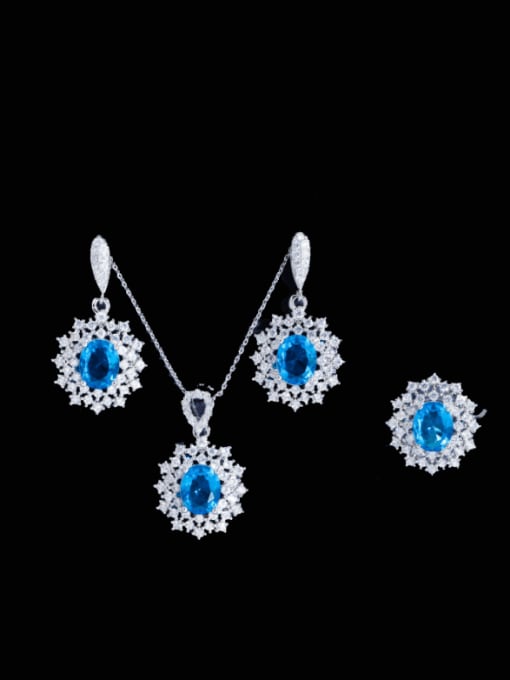 Sea Blue US 6 Brass Cubic Zirconia Luxury Geometric Earring Ring and Necklace Set