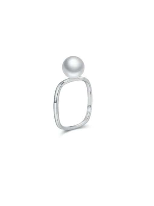 MODN 925 Sterling Silver Imitation Pearl Geometric Minimalist Band Ring 0