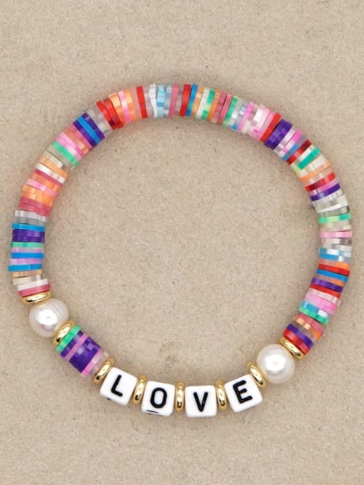 QT B200144E Stainless steel Freshwater Pearl Multi Color Polymer Clay Letter Bohemia Stretch Bracelet