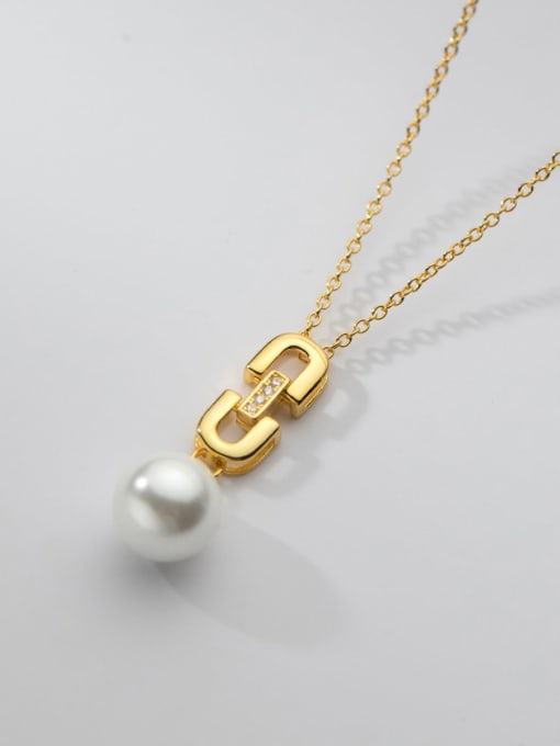 gold 925 Sterling Silver Imitation Pearl Geometric Minimalist Necklace