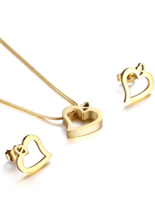 gold Titanium Minimalist Hollow  Heart Titanium Earring And Necklace Set
