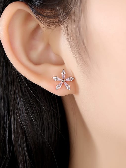 CCUI 925 Sterling Silver Cubic Zirconia Pink Flower Minimalist Stud Earring 2