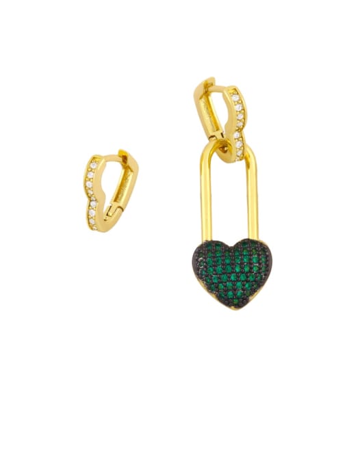green Brass Cubic Zirconia Asymmetry  Heart Vintage Huggie Earring