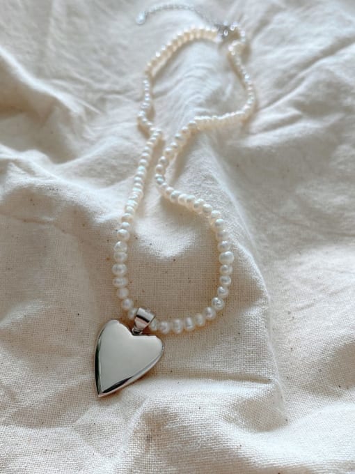 Boomer Cat 925 Sterling Silver Imitation Pearl Heart Minimalist Necklace 0