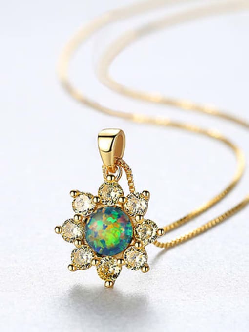 Green 20f07 925 Sterling Silver Simple Opal Inlaid Zircon Sun Flower  Necklace