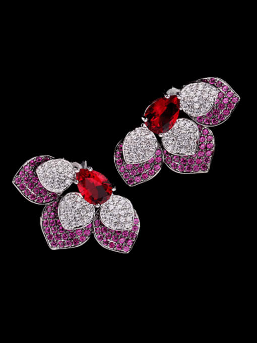 Rose red zirconium Brass Cubic Zirconia Flower Vintage Stud Earring