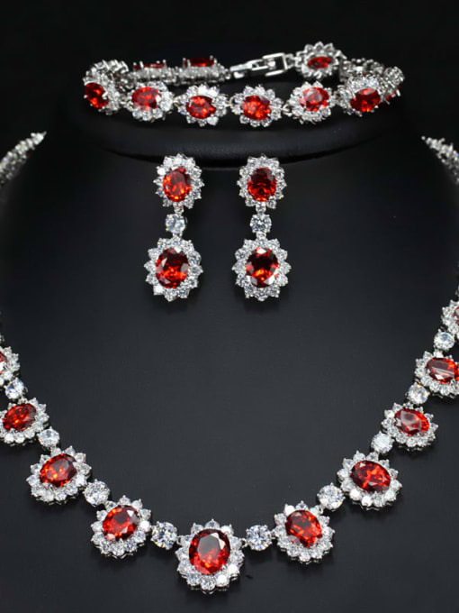 gules Brass Cubic Zirconia  Luxury Geometric Earring and Necklace Set