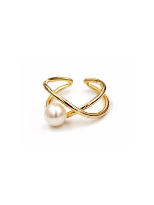LI MUMU Copper Imitation Pearl White Irregular Minimalist Free Size Band Ring 0