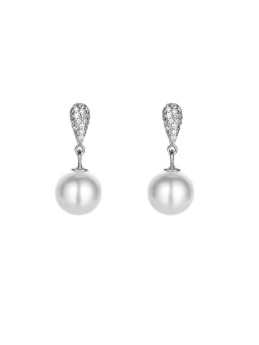 Silver 925 Sterling Silver Imitation Pearl Ball Minimalist Drop Earring