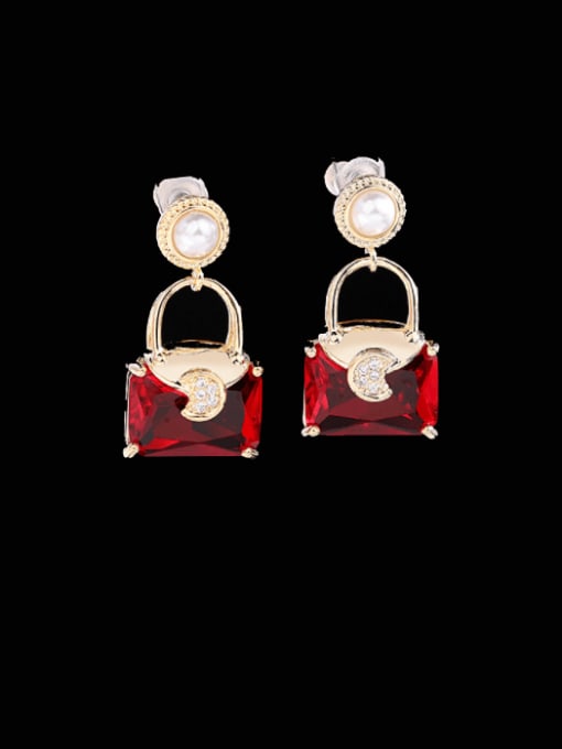 red Brass Glass Stone Geometric Luxury Drop Earring