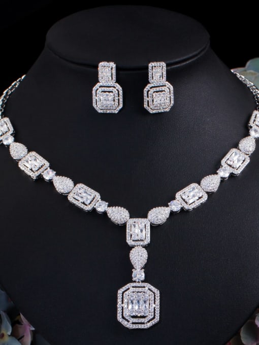 Platinum 2-piece set Brass Cubic Zirconia  Luxury Geometric Ring Earring Braclete And Necklace Set