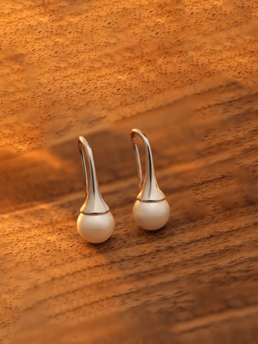 ES2592 【 Platinum 】 925 Sterling Silver Imitation Pearl Geometric Minimalist Hook Earring