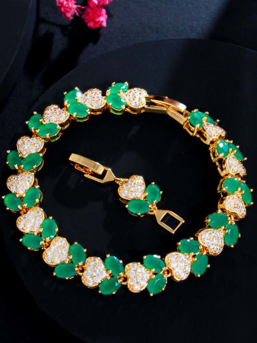 green Brass Cubic Zirconia Heart Luxury Bracelet