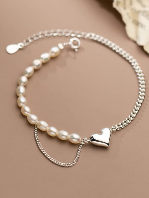 Rosh 925 Sterling Silver Freshwater Pearl Geometric Chain Minimalist Link Bracelet 0