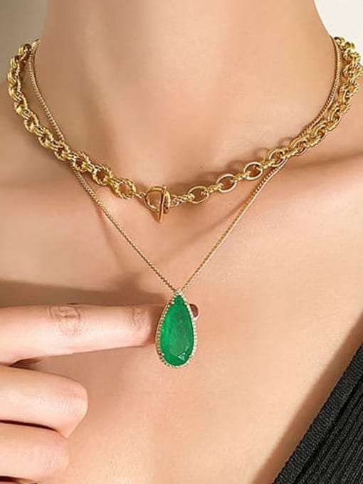 Gold Emerald Pendant Brass  Glass Stone Luxury Water Drop  Earring and Necklace Set