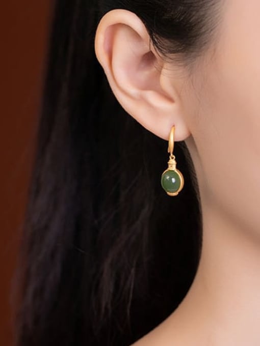 DEER 925 Sterling Silver Jade Geometric Vintage Hook Earring 1